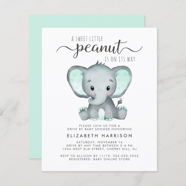 Budget Elephant Mint Drive by Baby Shower Einladun (Vorne/Hinten)
