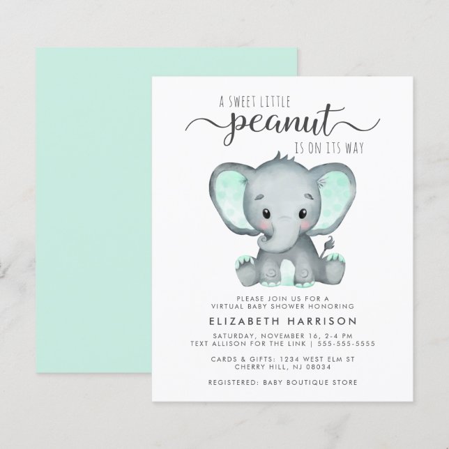 Budget Elephant Mint Virtual Baby Dusche einladen (Vorne/Hinten)