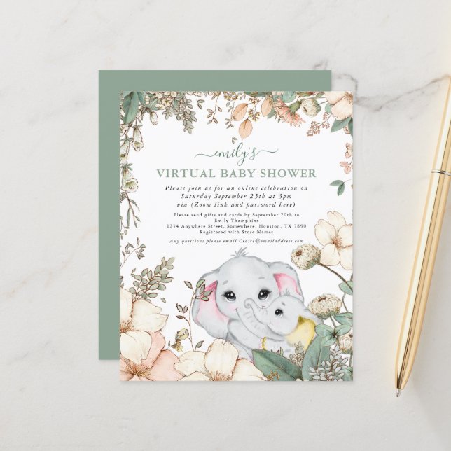 Budget Elephant Sage Virtual Baby Dusche einladen (Vorderseite/Rückseite Beispiel)