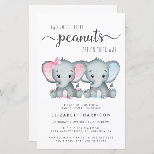 Budget Elephant Twin Boy Girl Baby Shower Einladun (Vorne/Hinten)