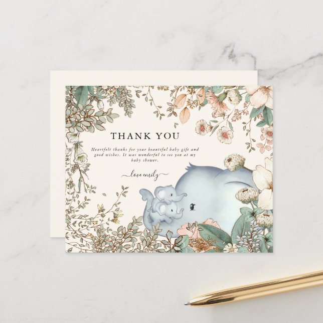 Budget Elephant Twins Cream Baby Dusche Vielen Dan (Vorderseite/Rückseite Beispiel)