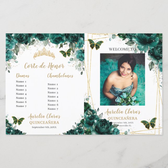 Budget Emerald Floral Quinceanera Foto Programme (Vorderseite)