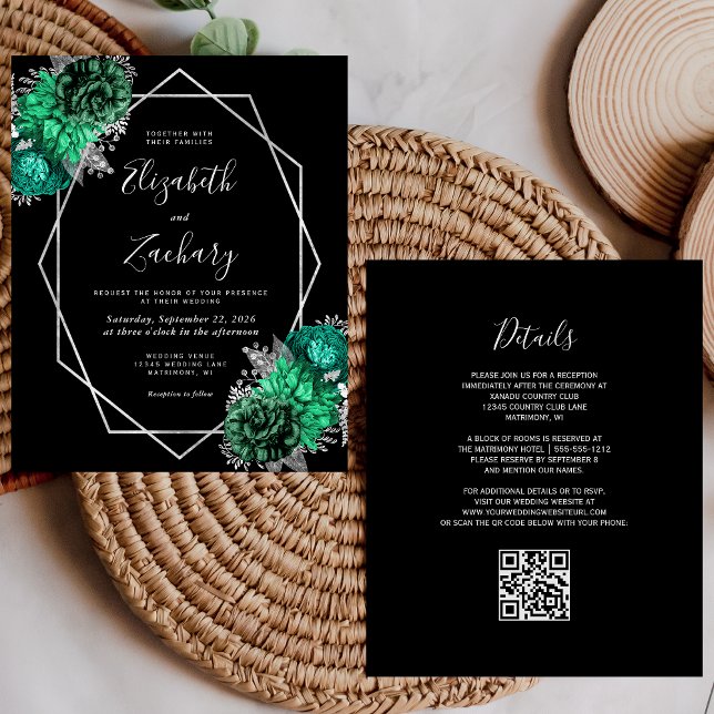 Budget Emerald Floral Silver QR Code Hochzeit (Von Creator hochgeladen)