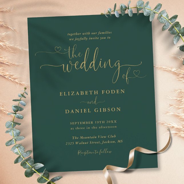 Budget Emerald Gold Hearts SkriptWedding Einladung (Budget Emerald Gold Hearts Script Wedding Invite)
