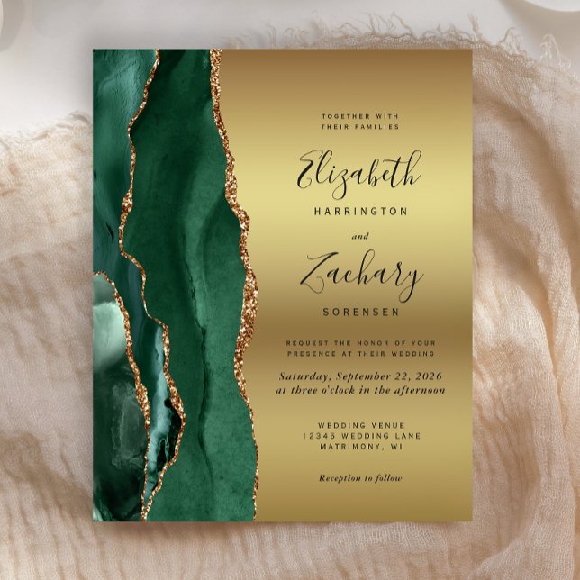 Budget Emerald Green Agate Gold Wedding Einladung (Von Creator hochgeladen)