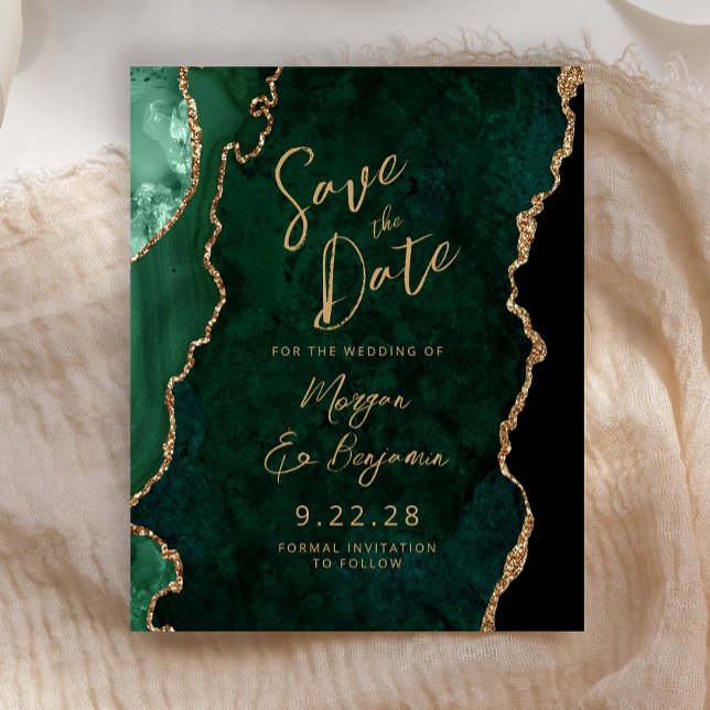 Budget Emerald Green Agate Script Save the Date (Von Creator hochgeladen)