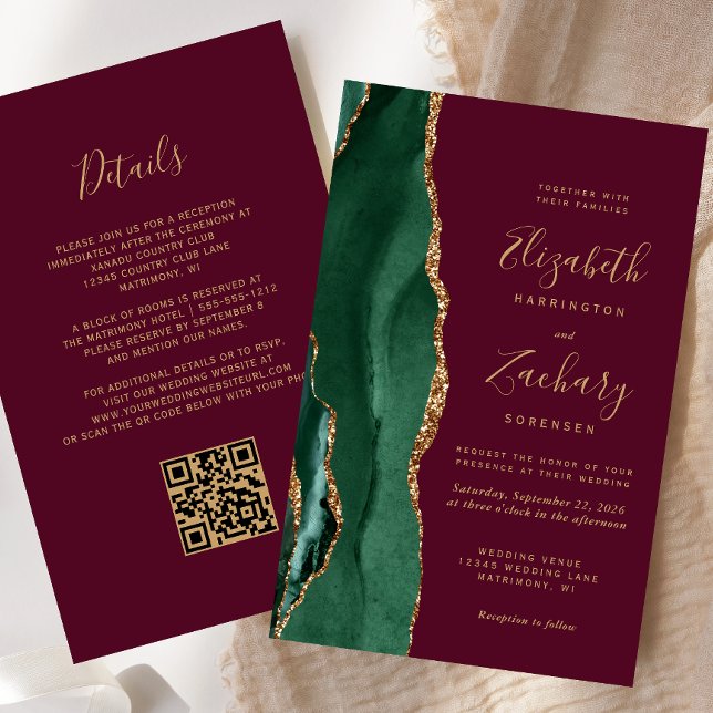 Budget Emerald Green Burgundy QR Code Wedding (Von Creator hochgeladen)