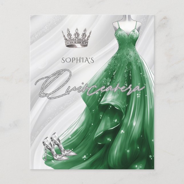 Budget Emerald Green Dress Quinceañera Einladung (Vorderseite)