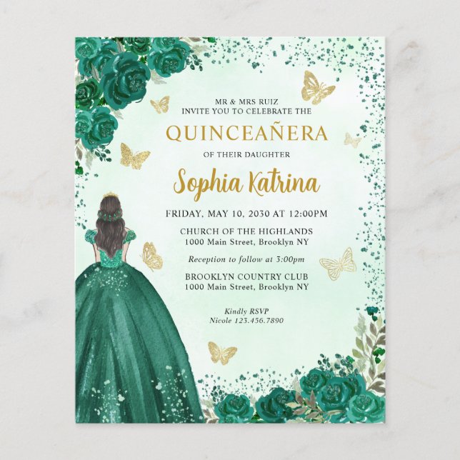 Budget Emerald Green Floral Princess Quinceanera (Vorderseite)