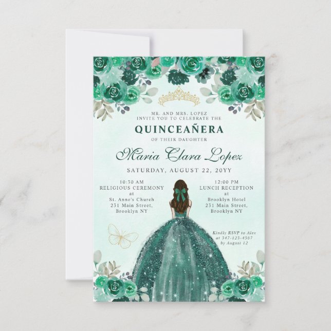 Budget Emerald Green Floral Princess Quinceañera Mitteilungskarte (Vorderseite)