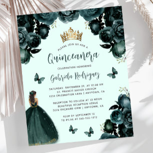 Budget Emerald Green Floral Quinceañera Einladung