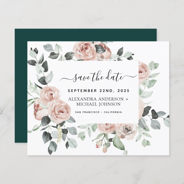 Budget Emerald Green Floral Save the Date (Vorne/Hinten)