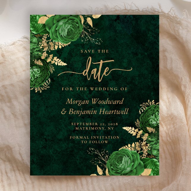 Budget Emerald Green Floral Wedding Save the Date (Von Creator hochgeladen)