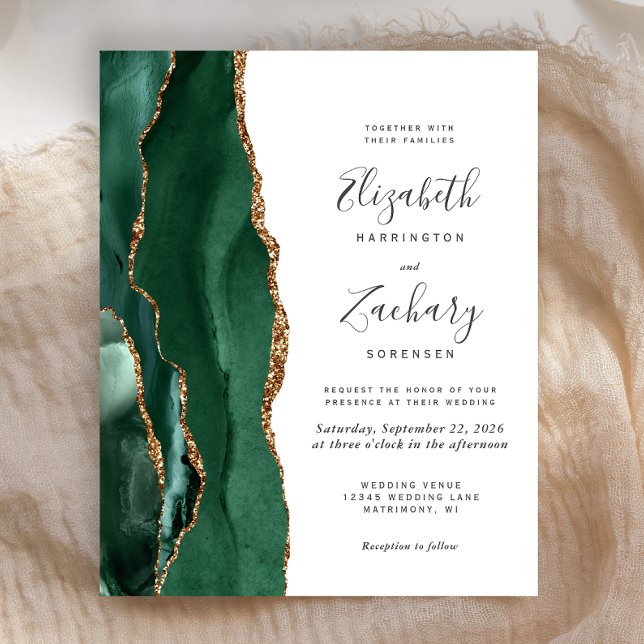 Budget Emerald Green Gold Agate Hochzeitseinladung (Von Creator hochgeladen)