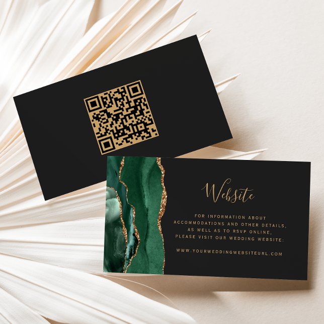 Budget Emerald Green Gold Agate Wedding QR Code Begleitkarte (Von Creator hochgeladen)