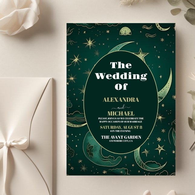 Budget Emerald Green Gold Celestial Wedding Flyer (Von Creator hochgeladen)