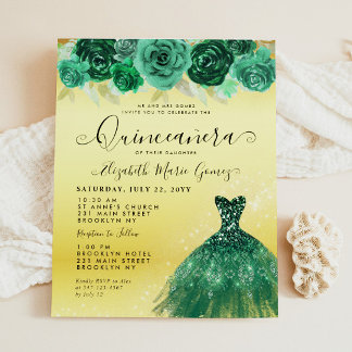 Budget Emerald Green Gold Dress Floral Quinceanera