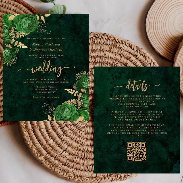 Budget Emerald Green Gold Floral QR Code Hochzeit (Von Creator hochgeladen)