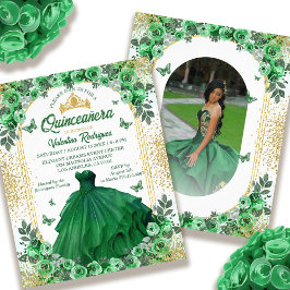 Budget Emerald Green Gold Floral Quinceanera Flyer