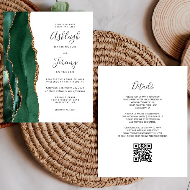 Budget Emerald Green Gold QR Code Wedding Einladun (Von Creator hochgeladen)