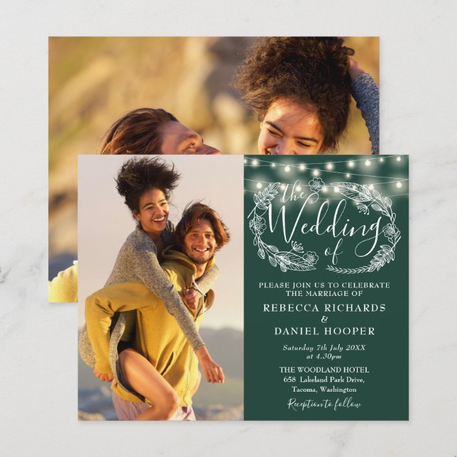 Budget Emerald Green Lights 2 Foto Hochzeit Einlad (Vorne/Hinten)