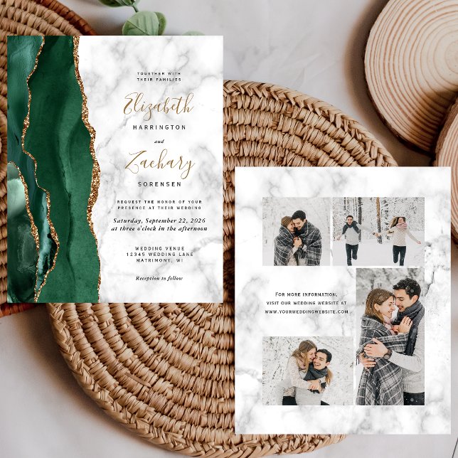 Budget Emerald Green Marble 4-Photo Wedding Invite (Von Creator hochgeladen)