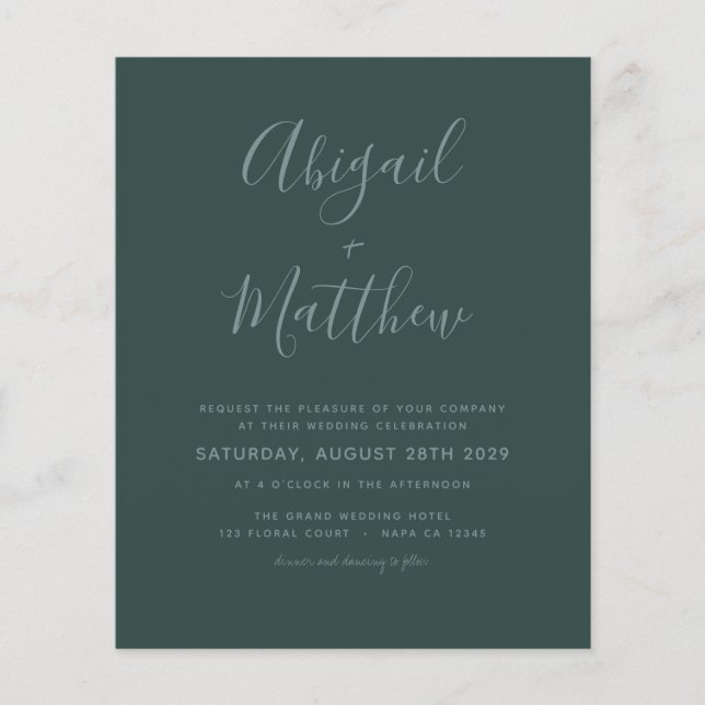Budget Emerald Green Minimalistisch Wedding Einlad Flyer (Vorne)