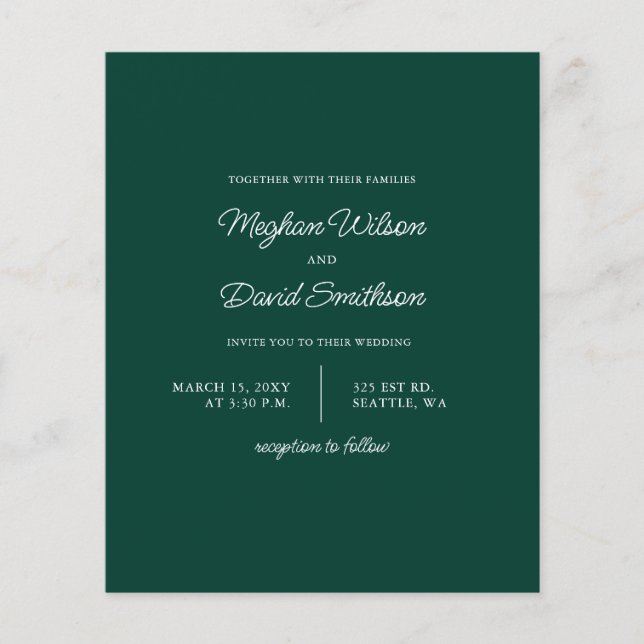Budget Emerald Green Modern Wedding Einladung (Vorderseite)