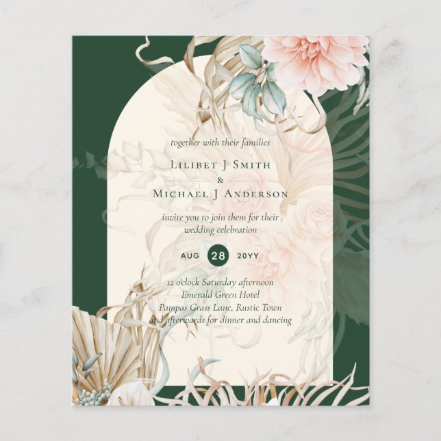 BUDGET Emerald Green Pampas Grass Peach Wedding Flyer (Vorne)