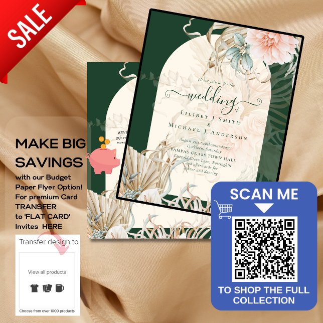 BUDGET Emerald Green Pampas Grass Peach Wedding Flyer (Von Creator hochgeladen)