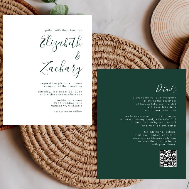 Budget Emerald Green Script QR Code Wedding Einlad (Von Creator hochgeladen)