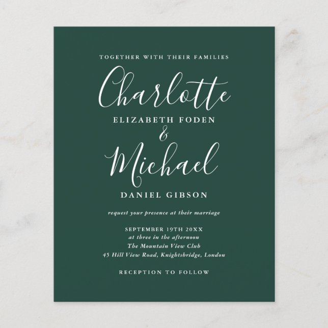 Budget Emerald Green Script Wedding Einladung (Vorderseite)