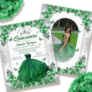 Budget Emerald Green Silver Floral Quinceanera Flyer