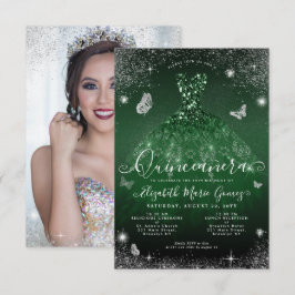 Budget Emerald Green Silver Glam Foto Quinceanera Mitteilungskarte