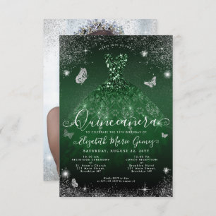 Budget Emerald Green Silver Glam Foto Quinceanera Mitteilungskarte