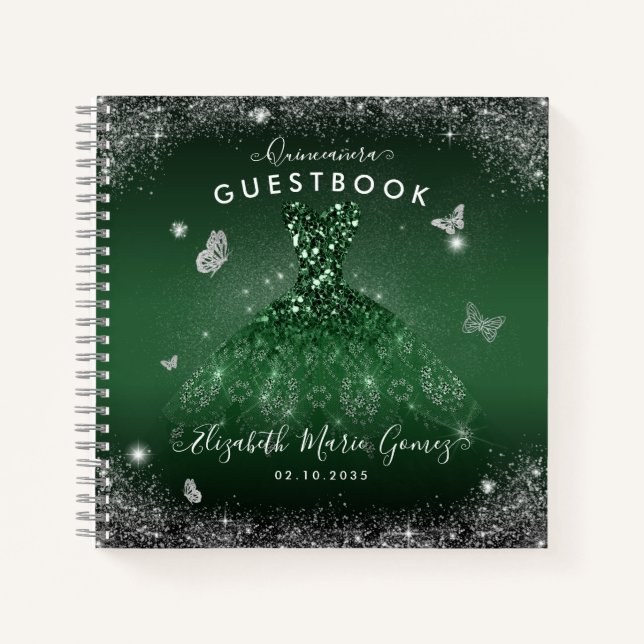 Budget Emerald Green Silver Quinceanera Guestbook Notizbuch (Vorderseite)