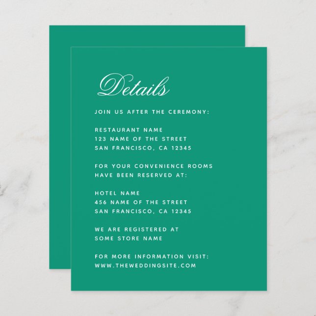 Budget Emerald Green Simple Wedding Details Card (Vorne/Hinten)