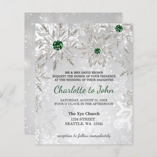 Budget Emerald Green Snowflakes Einladung Hochzeit (Vorne/Hinten)