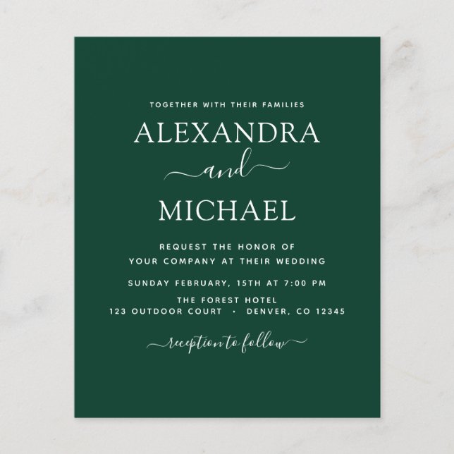 Budget Emerald Green Wedding Modern Typografy (Vorderseite)