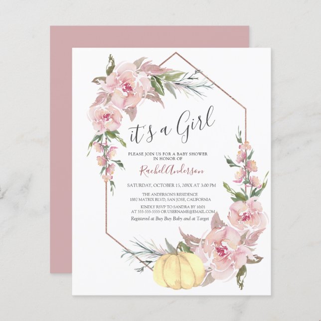 Budget Es ist eine Mädchen Pumpkin Baby Dusche Ein (Vorne/Hinten)