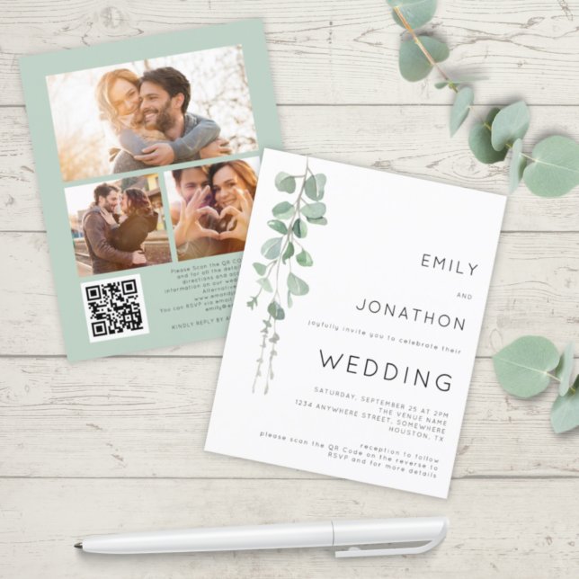 Budget Eucalyptus 3 Photos QR Code Wedding Invite (Von Creator hochgeladen)