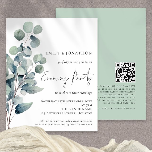 Budget Eucalyptus Blätter QR Wedding Abend Einladu (Front and back view)