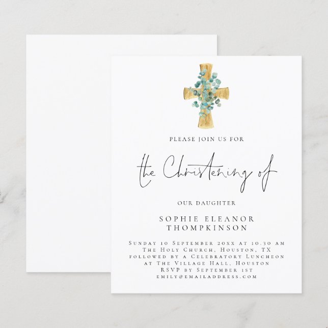 Budget Eucalyptus Cross Script Christening Einladu (Vorne/Hinten)