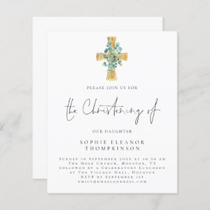 Budget Eucalyptus Cross Script Christening Einladu
