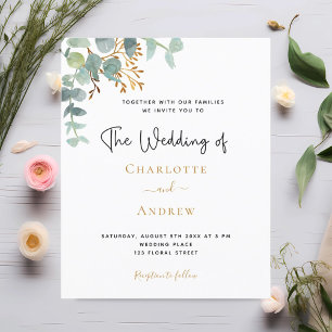 Budget eucalyptus greenery gold wedding invitation
