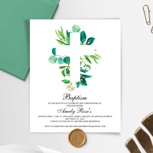 Budget Eucalyptus Leaves Cross Baptism Invitation (Von Creator hochgeladen)