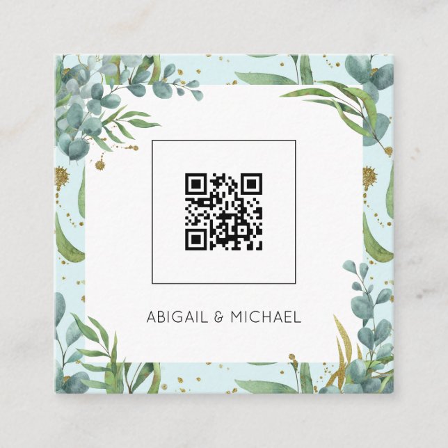 Budget Eucalyptus QR Code Boho Hochzeitseinladung Quadratische Visitenkarte (Vorderseite)