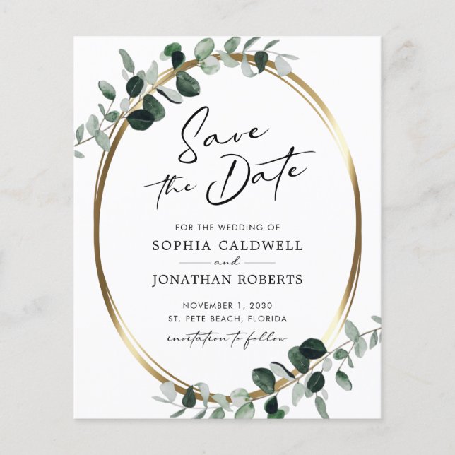 Budget Eukalyptus Gold Calligraphy Save the Date (Vorderseite)