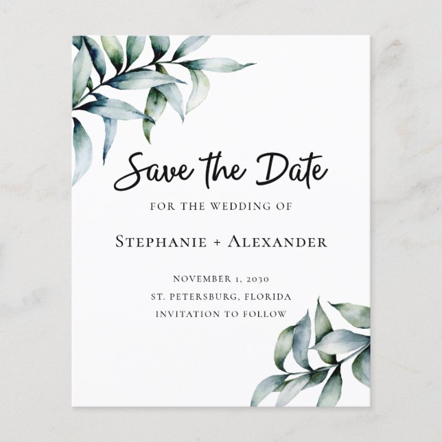 Budget Eukalyptus Greenerity Wedding Save the Date (Vorderseite)