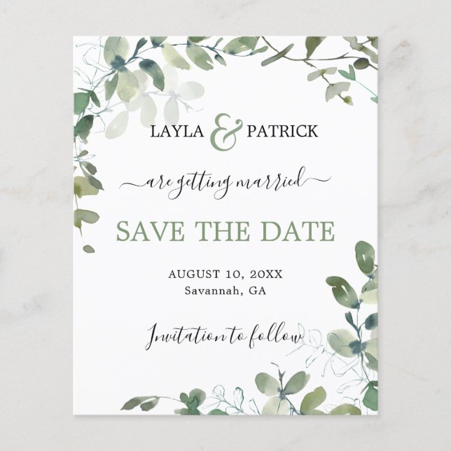 Budget Eukalyptus Greenerity Wedding Save the Date Flyer (Vorne)